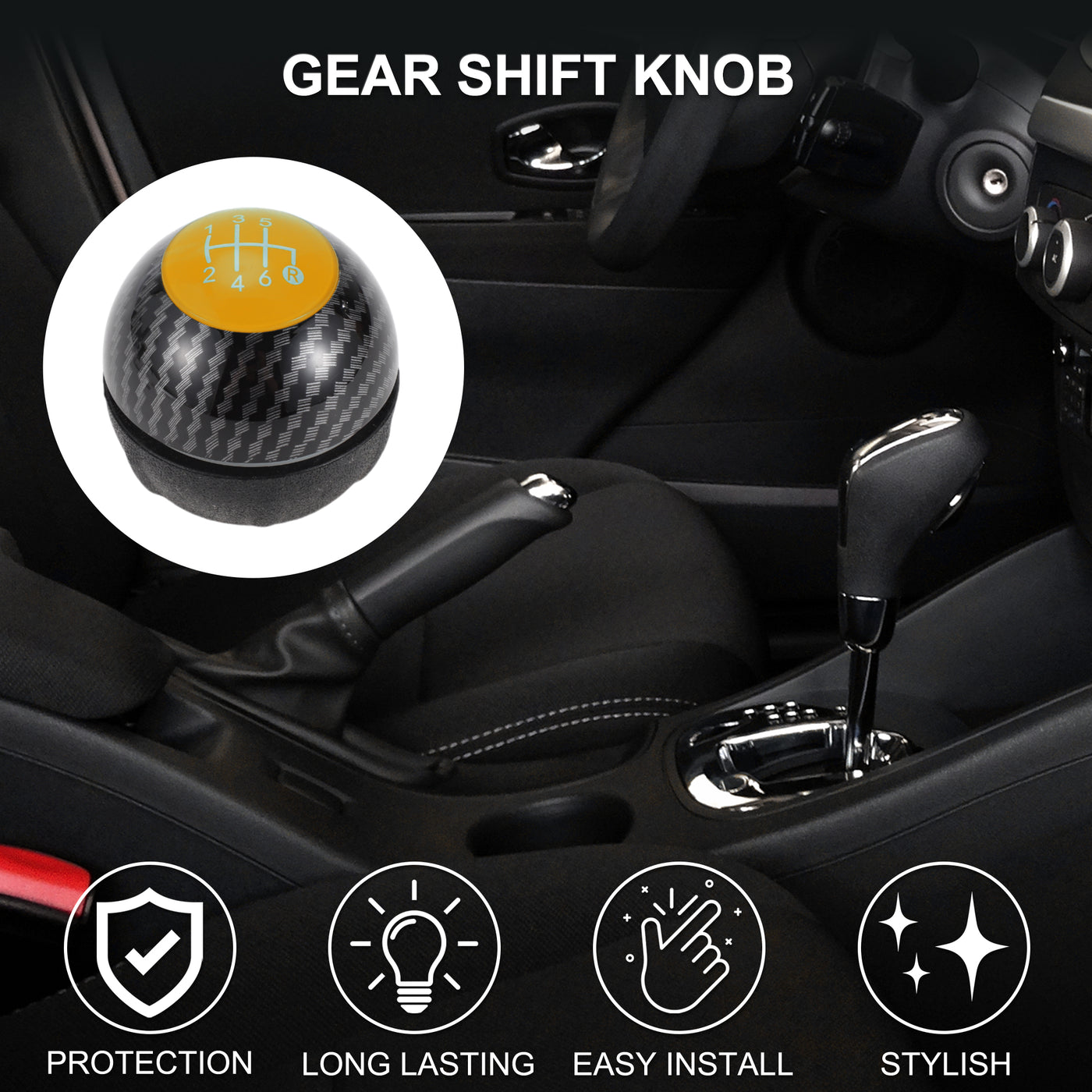 TUCKBOLD 6 Speed Manual Shift Knob for Fiat 500 Durable | Front Automotive Gearbox Stick Shifter Lever Knob Black Yellow Plastic Faux Leather 1 Pc