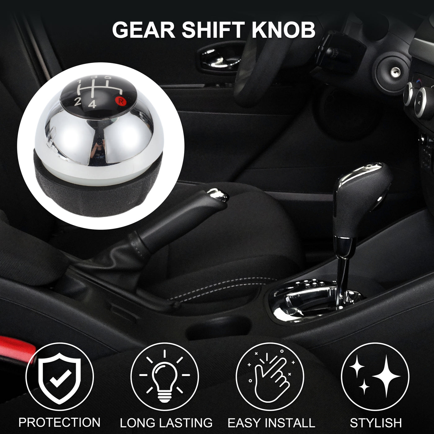 TUCKBOLD 5 Speed Manual Shift Knob for Fiat 500 Durable | Front Automotive Gearbox Stick Shifter Lever Knob Chrome Silver Tone Red Plastic Faux Leather 1 Pc