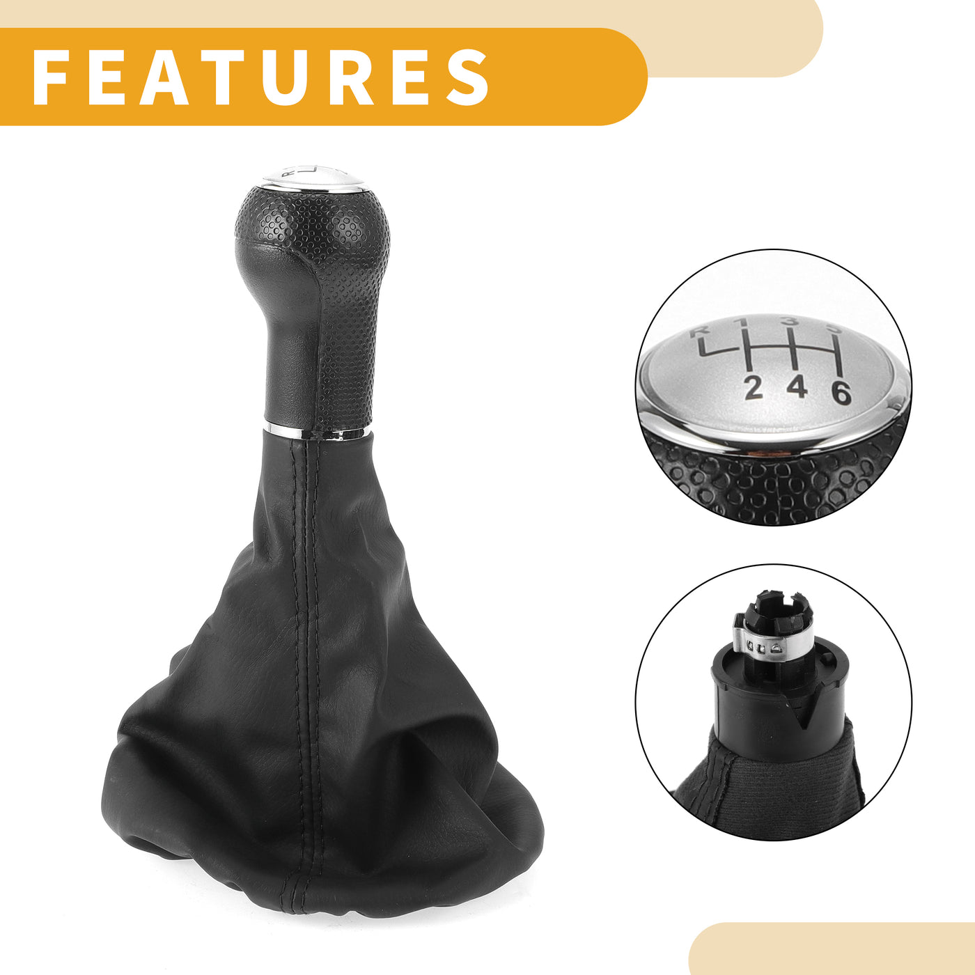 Partuto 6 Speed Manual Gear Shifter Knob with Cover - Car Shift Lever Knob - for VW Polo Classic 6N 1996-2001 Plastic Faux Leather Black Silver Tone - 1 Pc