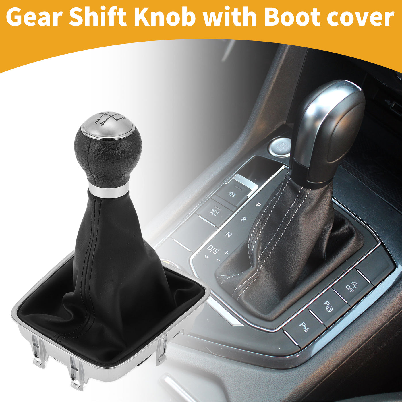 Partuto 5 Speed Manual Gear Shifter Knob with Cover No.5N0711113 - Shift Lever Knob - for VW Golf Plus 2005-2014 Plastic Faux Leather Black Silver Tone - 1 Pc