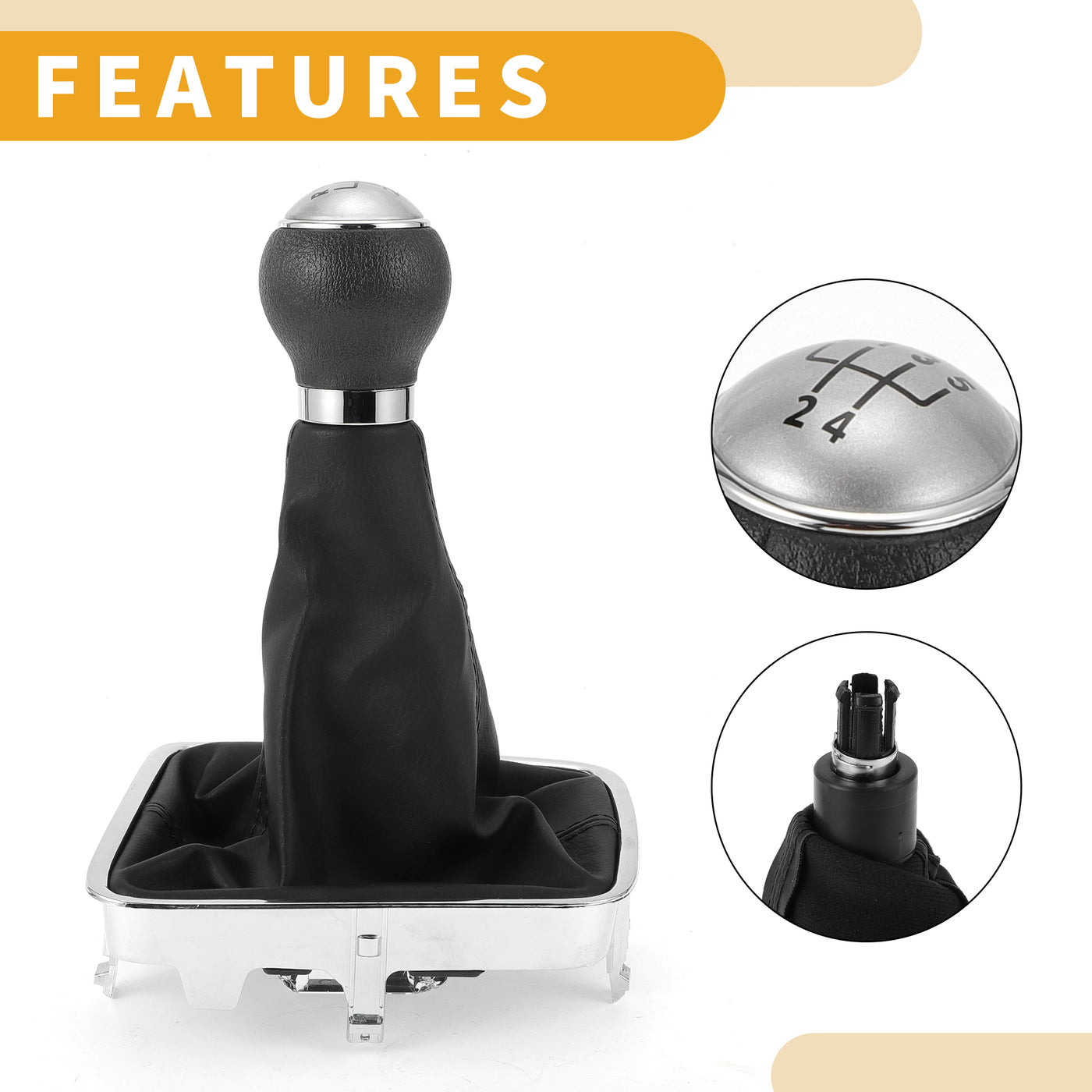 Partuto 5 Speed Manual Gear Shifter Knob with Cover No.5N0711113 - Shift Lever Knob - for VW Golf Plus 2005-2014 Plastic Faux Leather Black Silver Tone - 1 Pc