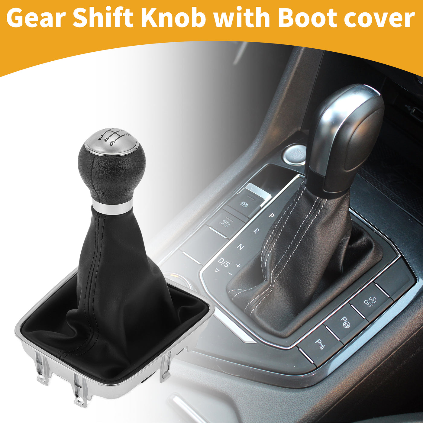 Partuto 6 Speed Manual Gear Shifter Knob with Cover No.5N0711113 - Shift Lever Knob - for VW Golf Plus 2005-2014 Plastic Faux Leather Black Silver Tone - 1 Pc