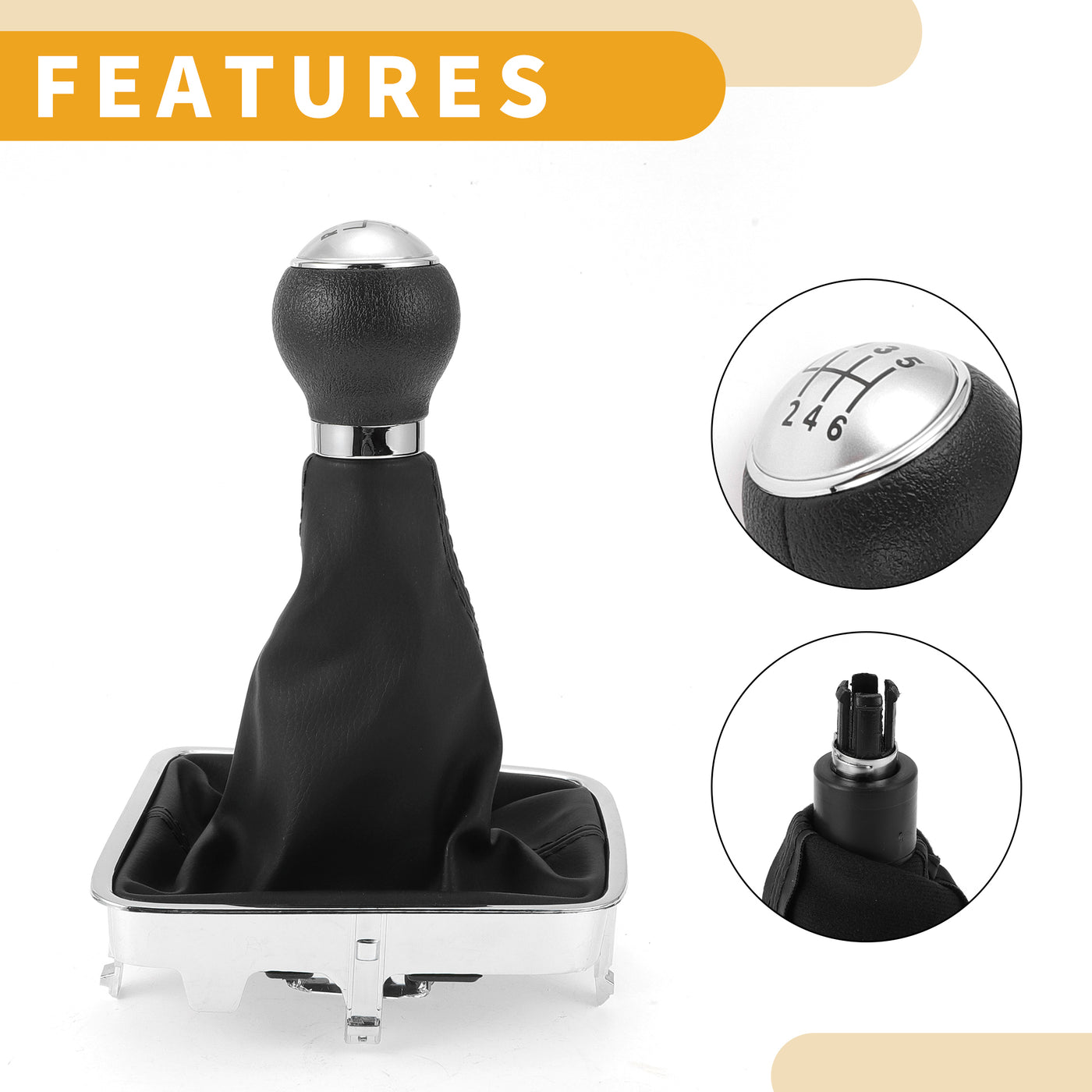 Partuto 6 Speed Manual Gear Shifter Knob with Cover No.5N0711113 - Shift Lever Knob - for VW Golf Plus 2005-2014 Plastic Faux Leather Black Silver Tone - 1 Pc