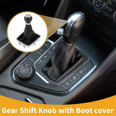 Harfington 6 Speed Manual Gear Shifter Knob with Cover No.5N0711113 - Shift Lever Knob - for VW Golf Plus 2005-2014 Plastic Faux Leather Black Silver Tone - 1 Pc