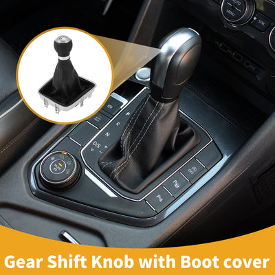 Harfington 5 Speed Manual Gear Shifter Knob with Cover No.5N0711113 - Shift Lever Knob - for VW Tiguan 2007-2015 Plastic Faux Leather Black Silver Tone - 1 Pc