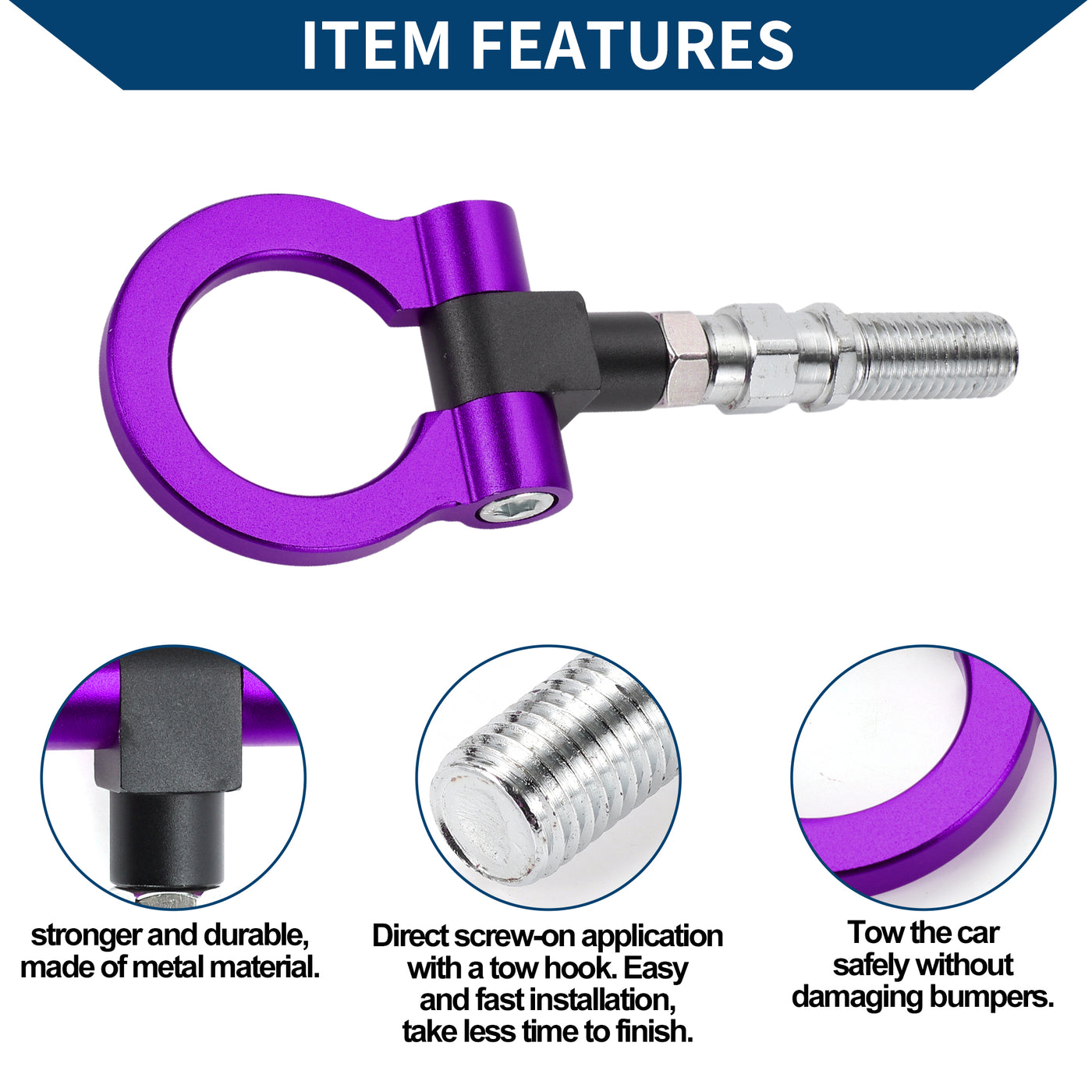 Hihaha Tow Hook /Universal Car Front Bumper Towing Hook / Durable Metal Rotary Tow Hook Ring 19cm 2mm 1pcs Purple