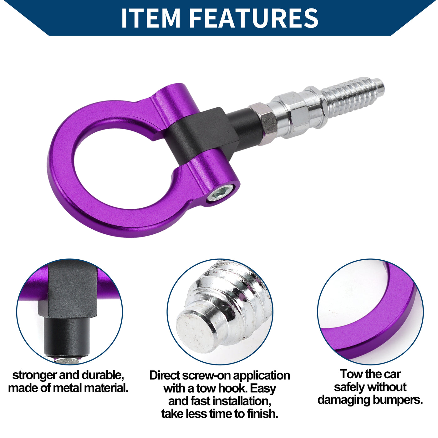 Hihaha Tow Hook /Universal Car Front Bumper Towing Hook / Durable Metal Rotary Tow Hook Ring 18.5cm 3mm 1pcs Purple