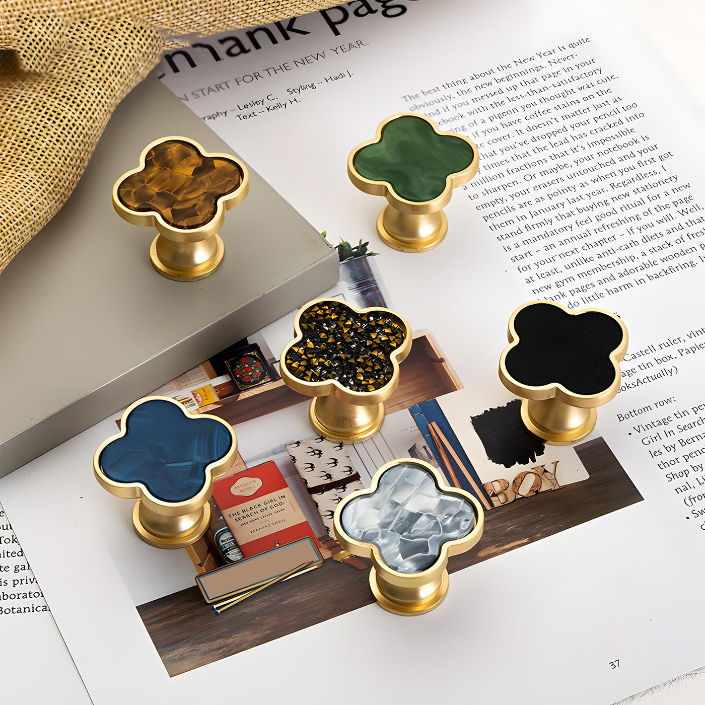 Harfington Four-Leaf Clover Creative Gold Handle Knob for Decorative Pulls Zinc Alloy Single Hole Door Handle 6pcs