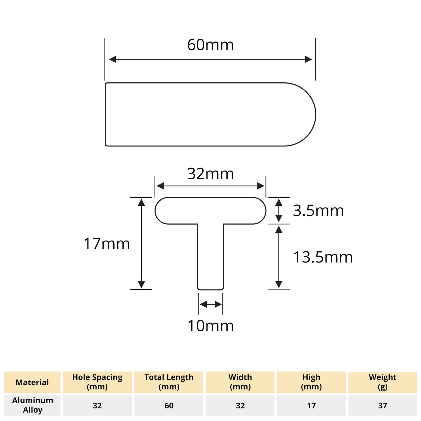 Harfington 1pcs Half Round Style T-Shaped Furniture Door Handle Aluminum with 22mm Long Screws