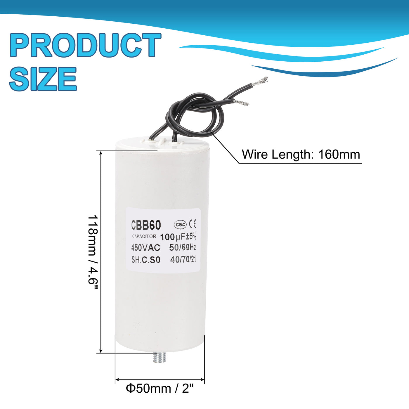 Harfington CBB60 100uF Running Capacitor, AC 450V 2 Wires 50/60Hz Cylinder, 118x50mm, White