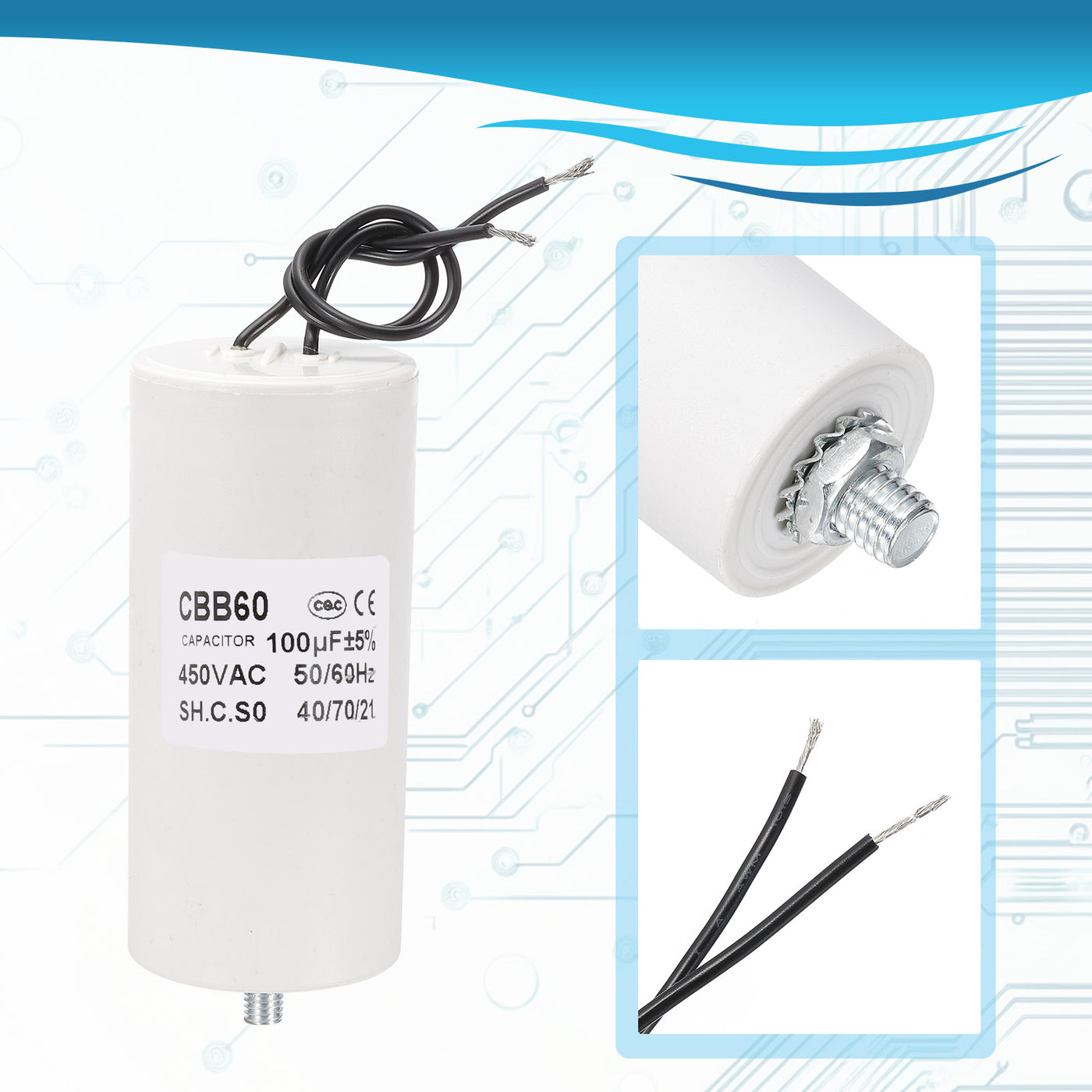 Harfington CBB60 100uF Running Capacitor, AC 450V 2 Wires 50/60Hz Cylinder, 118x50mm, White