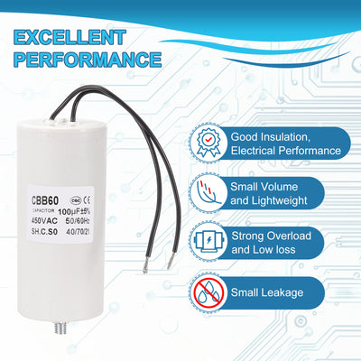 Harfington CBB60 100uF Running Capacitor, AC 450V 2 Wires 50/60Hz Cylinder, 118x50mm, White