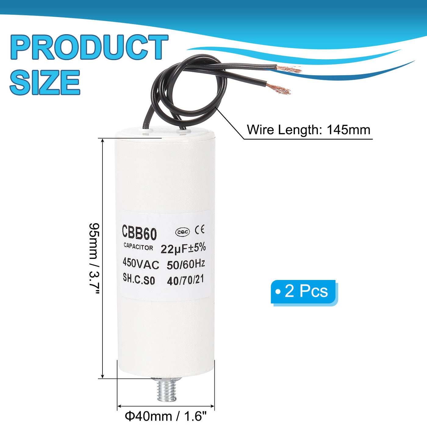 Harfington CBB60 22uF Laufkondensator, 2 Stück AC 450V 2 Drähte 50/60Hz Zylinderboden mit M8 x 14mm Schraube für Waschmaschine, Wasserpumpenmotor Star, 95 x 40mm, Weiß