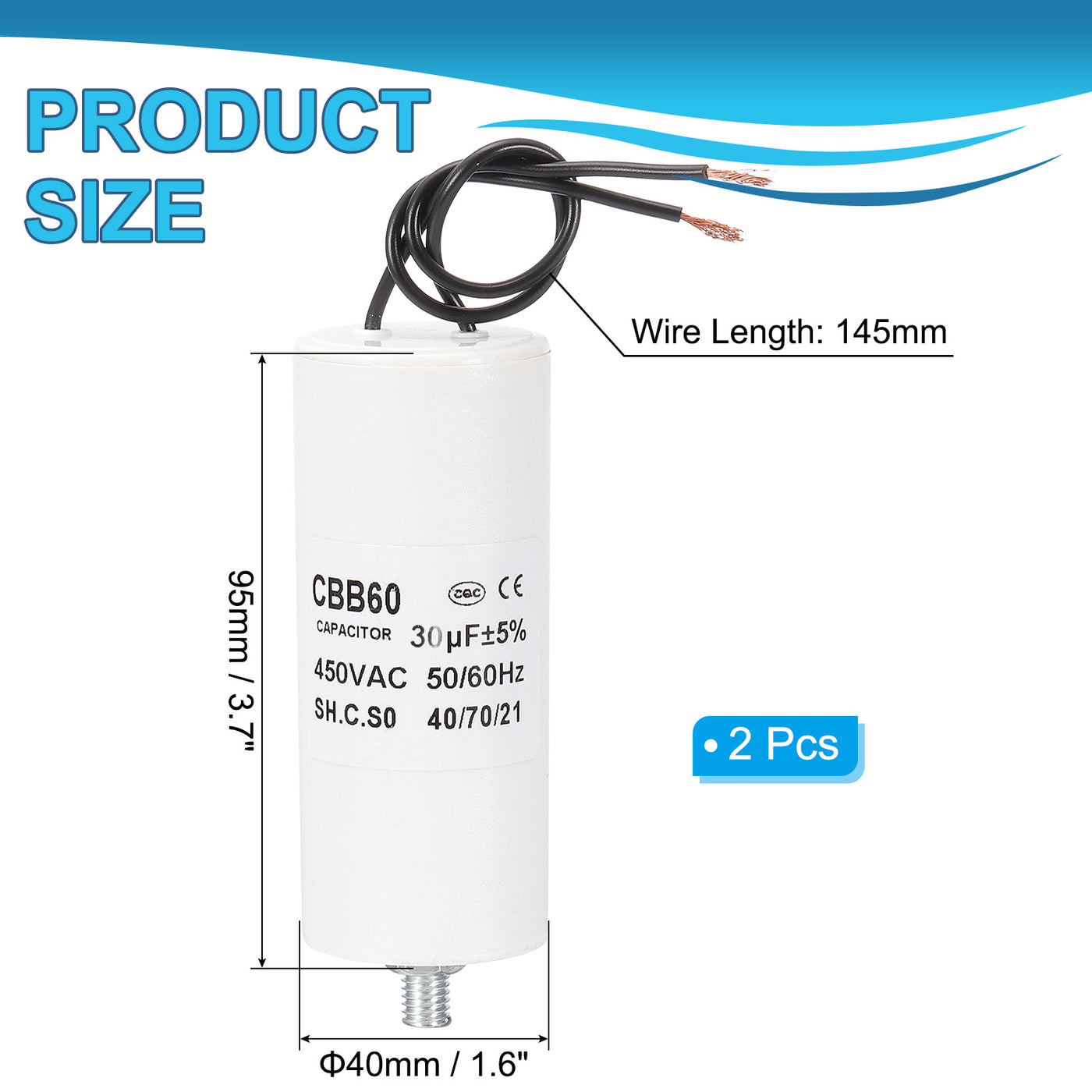 Harfington CBB60 30uF Laufkondensator, 2 Stück AC 450V 2 Drähte 50/60Hz Zylinderboden mit M8 x 15mm Schraube für Waschmaschine, Wasserpumpenmotor Start, 95 x 40mm, Weiß