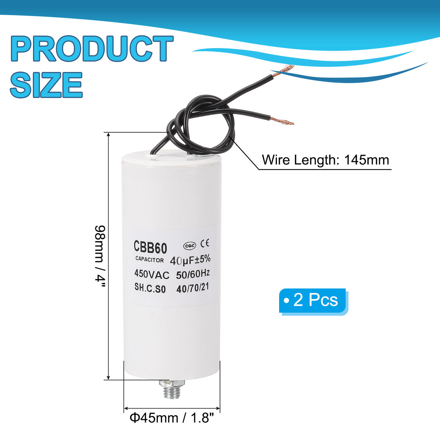 Harfington CBB60 40uF Laufkondensator, 2 Stück AC 450V 2 Drähte 50/60Hz Zylinderboden mit M8 x 15mm Schraube für Waschmaschine, Wasserpumpenmotor Star, 98 x 45mm, Weiß