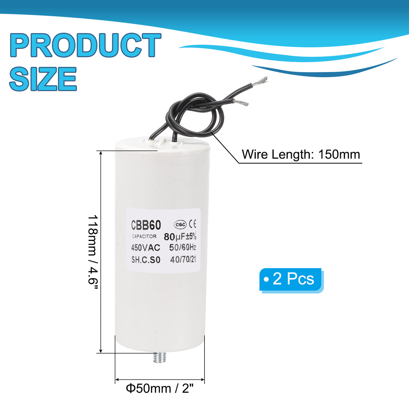 Harfington CBB60 80uF Laufkondensator, 2 Stück AC 450V 2 Drähte 50/60Hz Zylinderboden mit M8 x 15mm Schraube für Waschmaschine, Wasserpumpenmotor Star, 118 x 50mm, Weiß