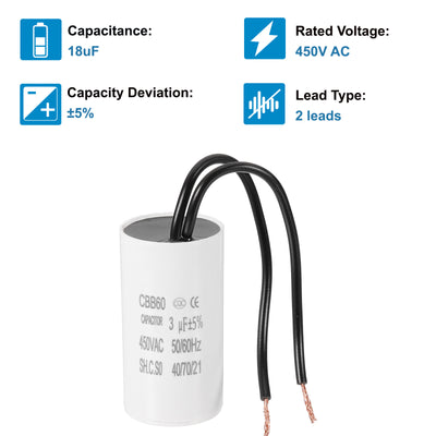 Harfington 3uF CBB60 Laufkondensator, Startkondensator mit 2 Drähten, AC 450V Motorstart mit einer Frequenz von 50Hz/60Hz, geeignet für Luftkompressoren Pumpen, Weiß