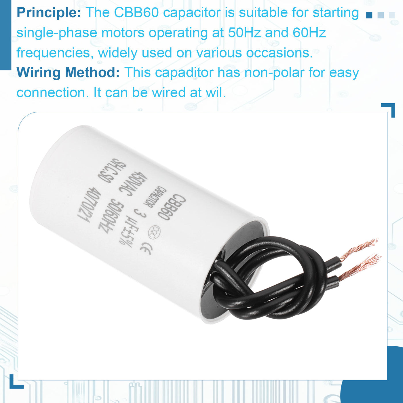 Harfington 3uF CBB60 Laufkondensator, Startkondensator mit 2 Drähten, AC 450V Motorstart mit einer Frequenz von 50Hz/60Hz, geeignet für Luftkompressoren Pumpen, Weiß