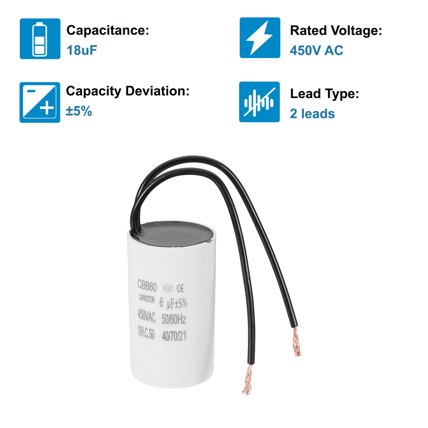 Harfington 6uF CBB60 Laufkondensator, Startkondensator mit 2 Drähten, AC 450V Motorstart mit einer Frequenz von 50Hz/60Hz, geeignet für Luftkompressoren Pumpen, Weiß