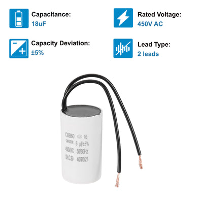 Harfington 6uF CBB60 Laufkondensator, Startkondensator mit 2 Drähten, AC 450V Motorstart mit einer Frequenz von 50Hz/60Hz, geeignet für Luftkompressoren Pumpen, Weiß