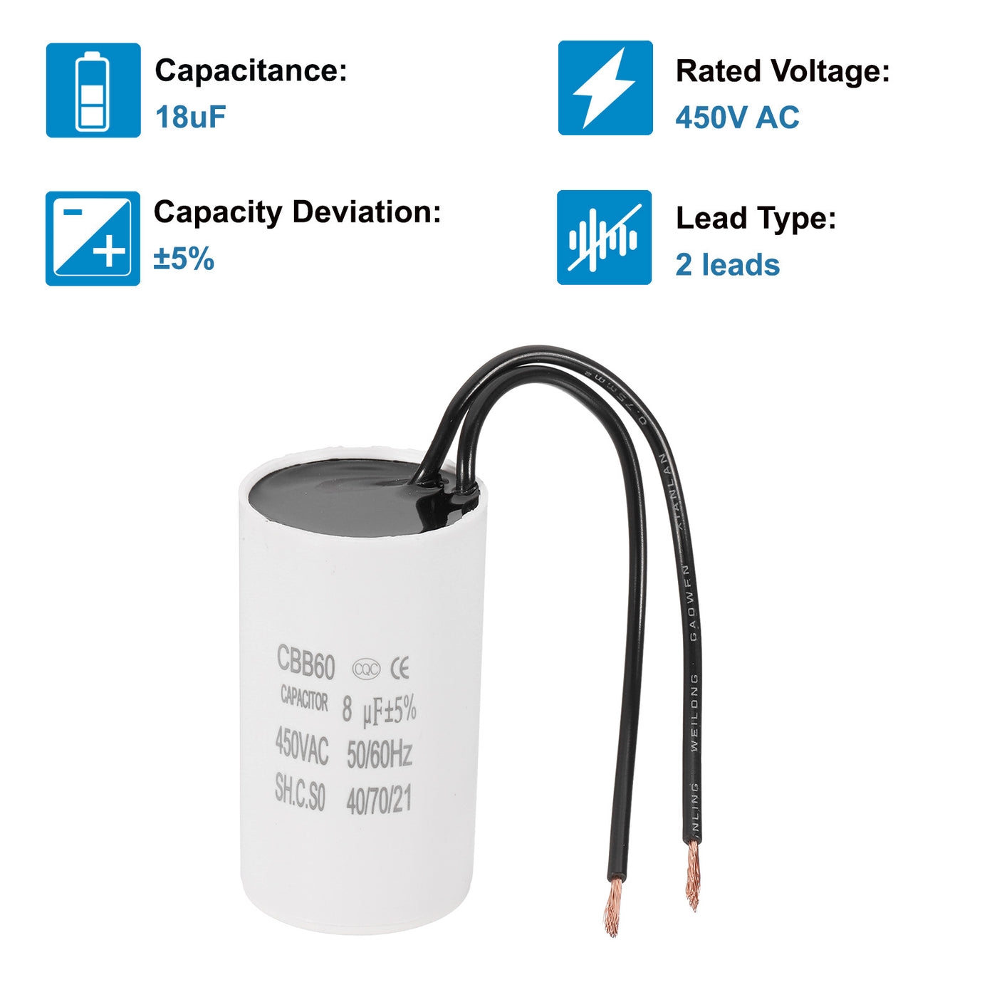 Harfington 8uF CBB60 Laufkondensator, Startkondensator mit 2 Drähten, AC 450V Motorstart mit einer Frequenz von 50Hz/60Hz, geeignet für Luftkompressoren Pumpen, Weiß