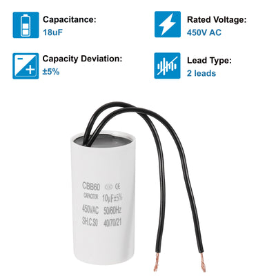 Harfington 10uF CBB60 Laufkondensator, Startkondensator mit 2 Drähten, AC 450V Motorstart mit einer Frequenz von 50Hz/60Hz, geeignet für Luftkompressoren Pumpen, Weiß