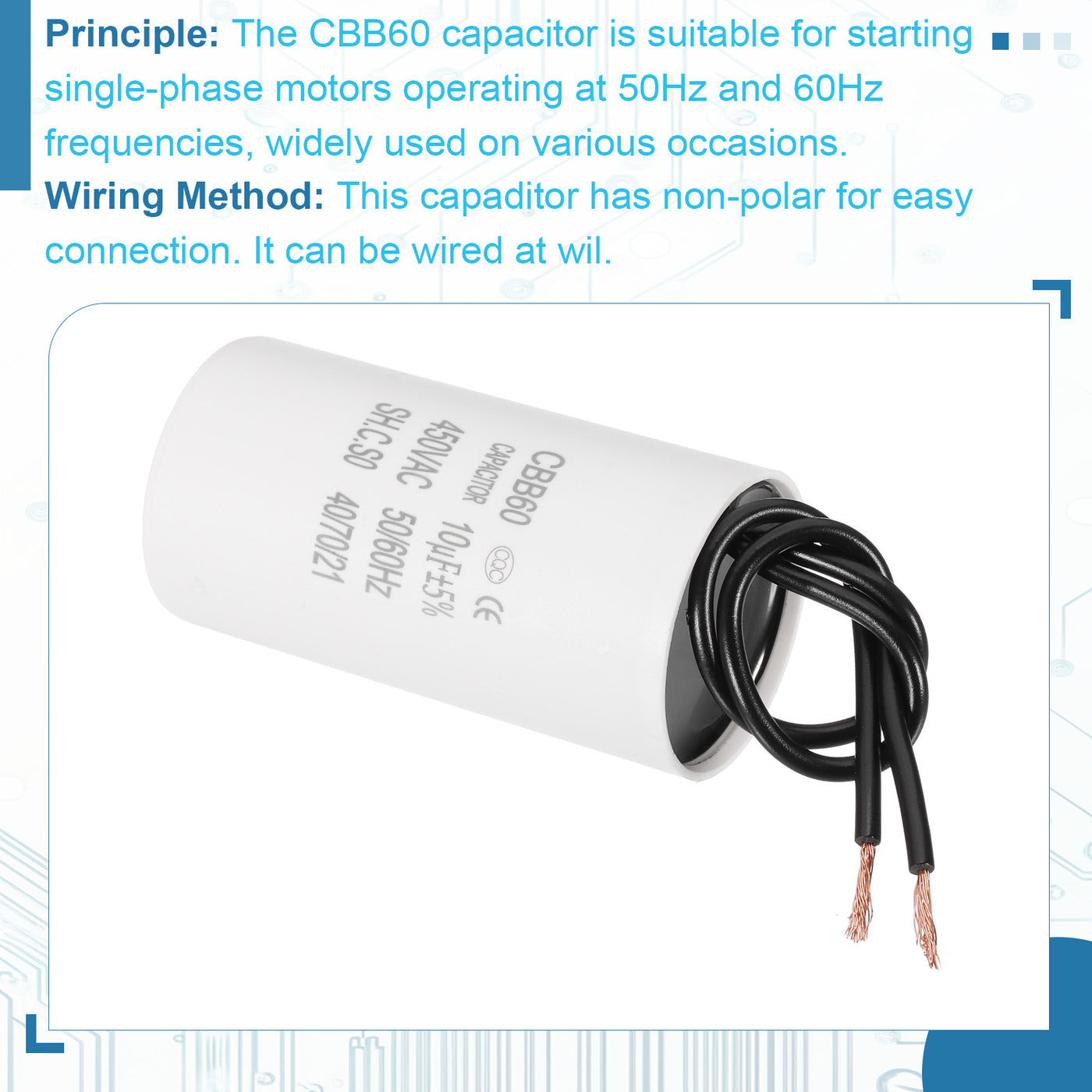 Harfington 10uF CBB60 Laufkondensator, Startkondensator mit 2 Drähten, AC 450V Motorstart mit einer Frequenz von 50Hz/60Hz, geeignet für Luftkompressoren Pumpen, Weiß