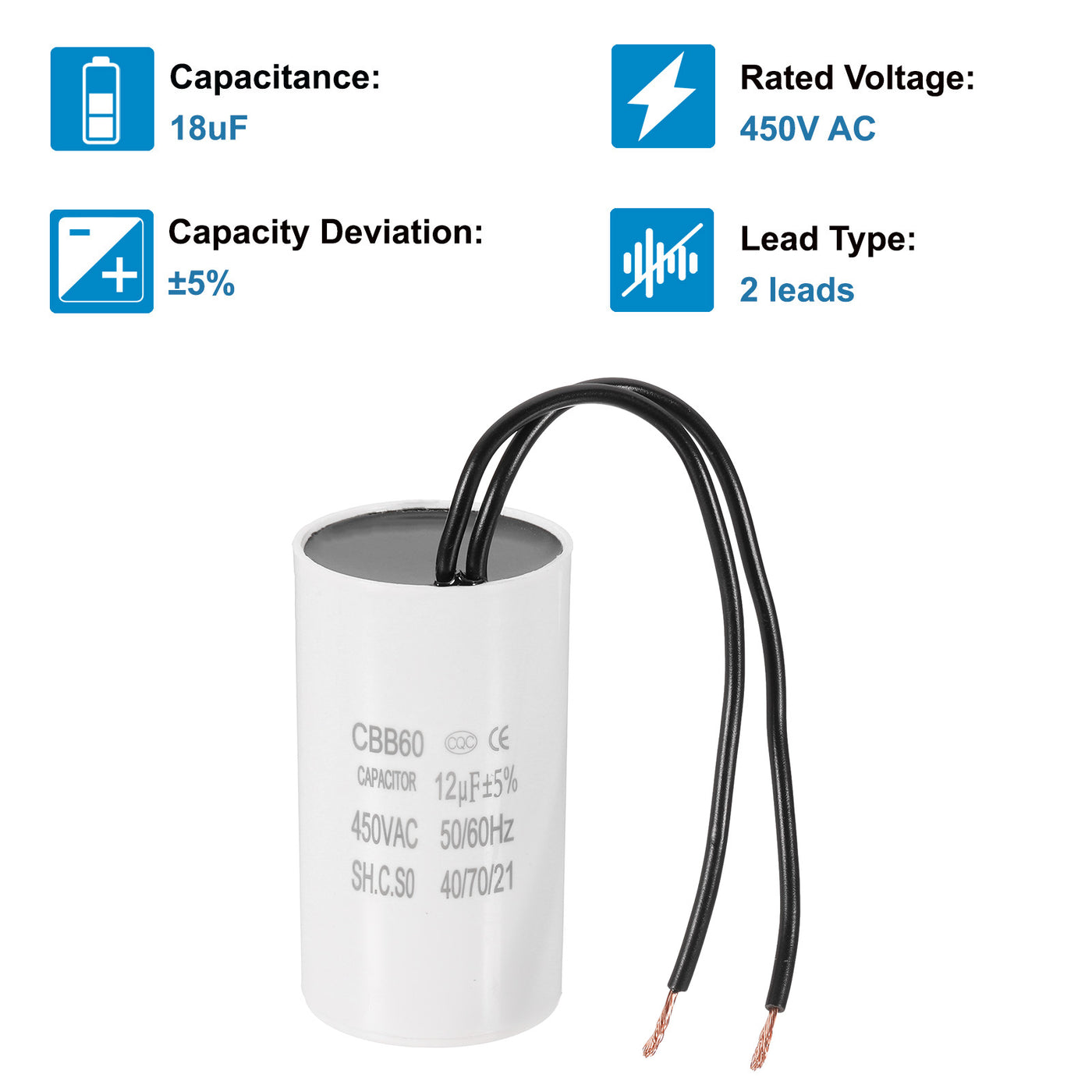 Harfington 12uF CBB60 Laufkondensator, Startkondensator mit 2 Drähten, AC 450V Motorstart mit einer Frequenz von 50Hz/60Hz, geeignet für Luftkompressoren Pumpen, Weiß