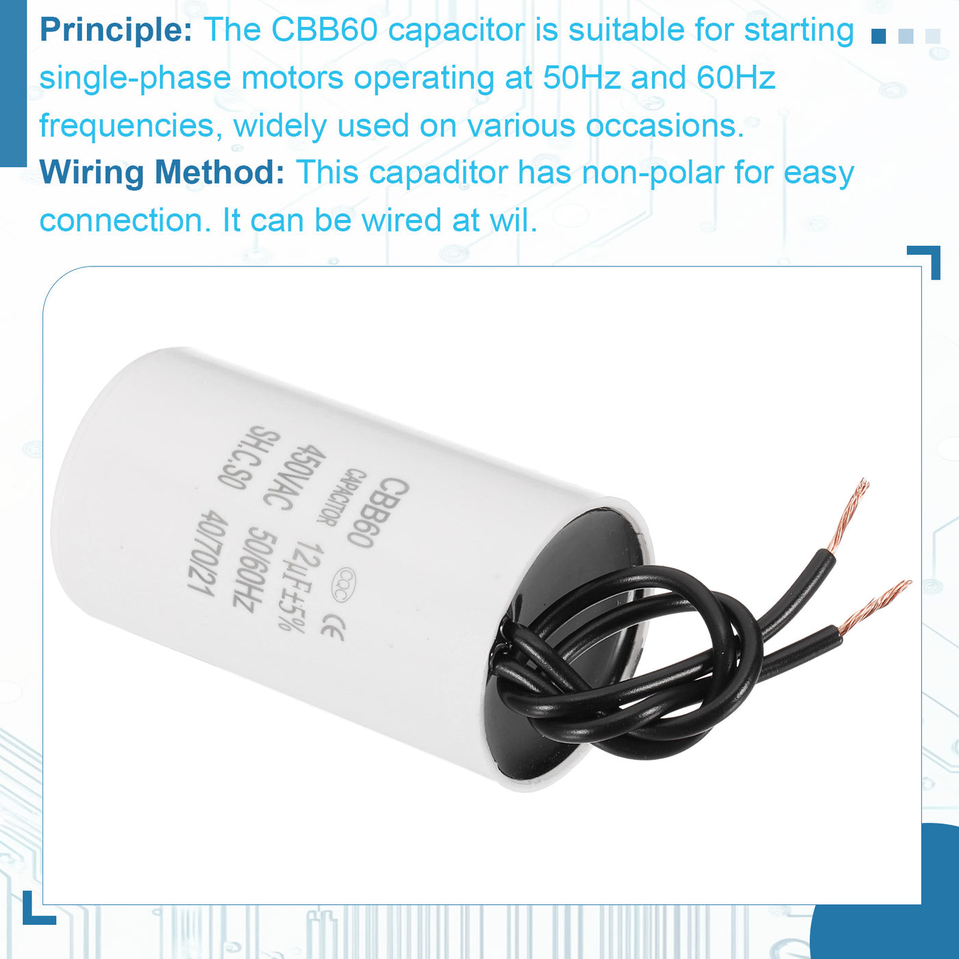 Harfington 12uF CBB60 Laufkondensator, Startkondensator mit 2 Drähten, AC 450V Motorstart mit einer Frequenz von 50Hz/60Hz, geeignet für Luftkompressoren Pumpen, Weiß