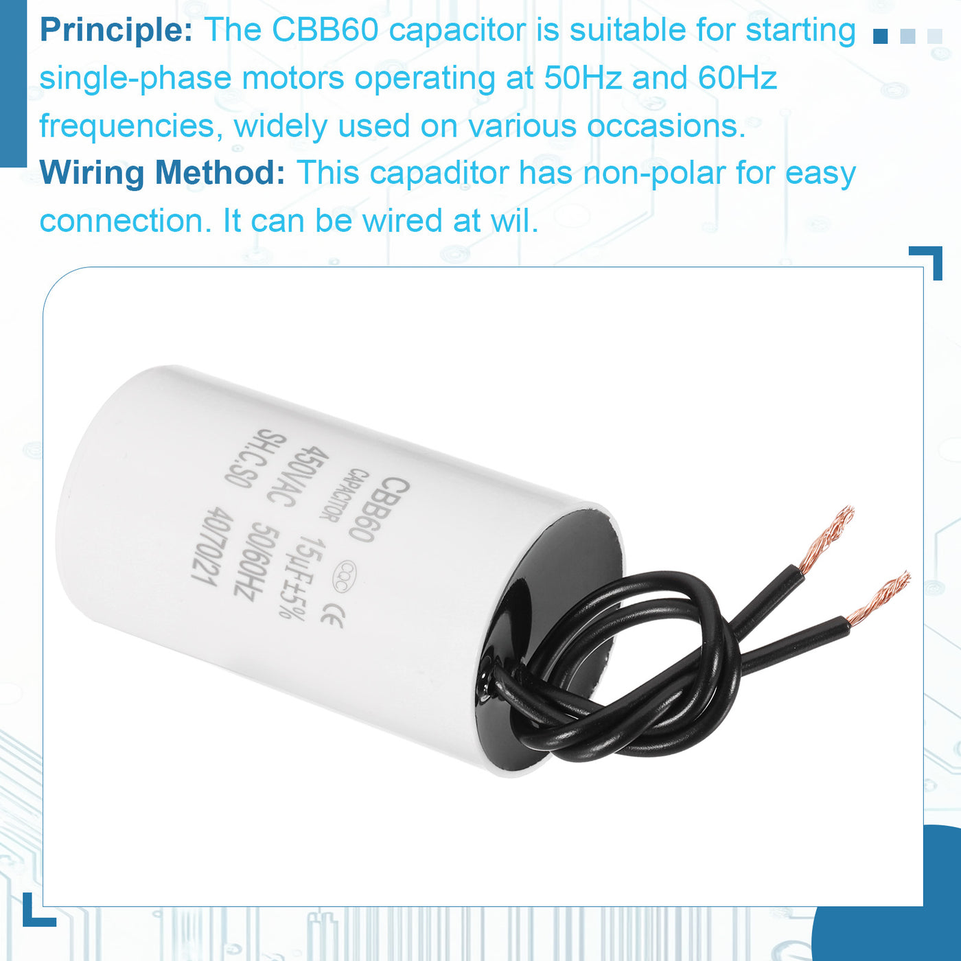Harfington 15uF CBB60 Laufkondensator, Startkondensator mit 2 Drähten, AC 450V Motorstart mit einer Frequenz von 50Hz/60Hz, geeignet für Luftkompressoren Pumpen, Weiß
