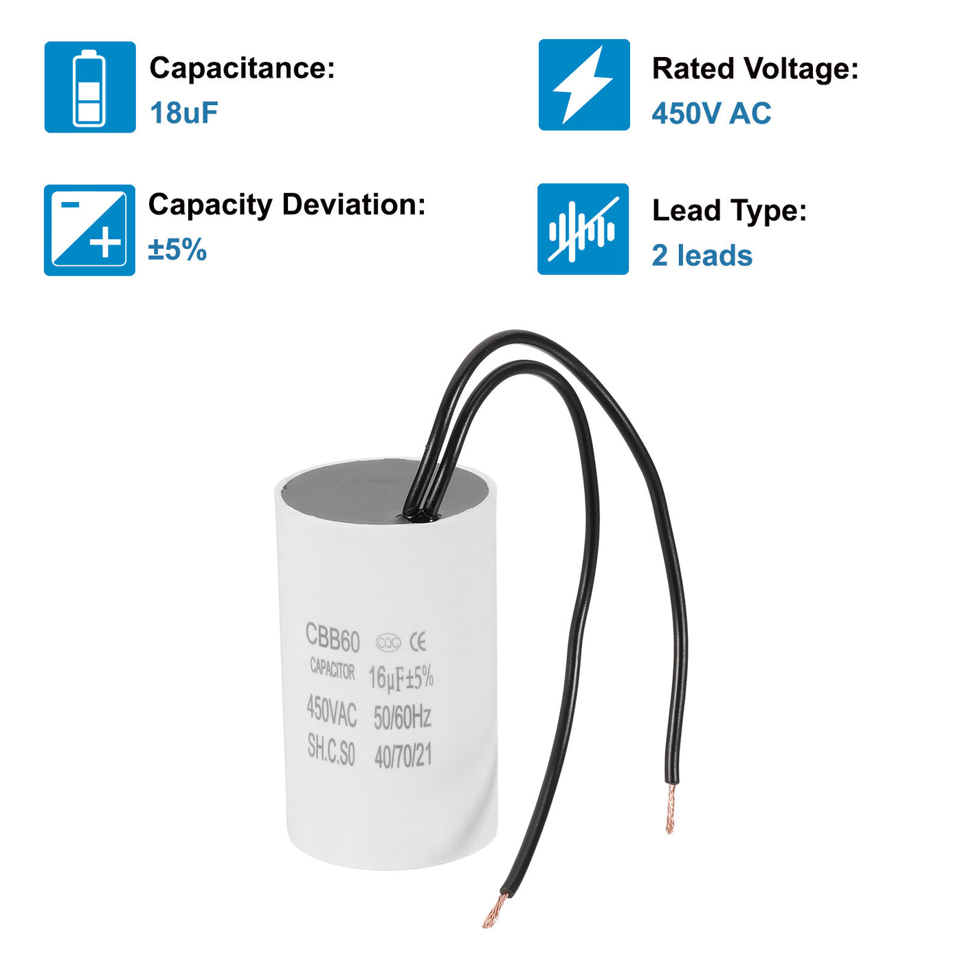 Harfington 16uF CBB60 Laufkondensator, Startkondensator mit 2 Drähten, AC 450V Motorstart mit einer Frequenz von 50Hz/60Hz, geeignet für Luftkompressoren Pumpen, Weiß