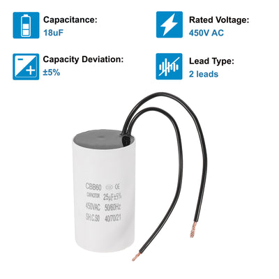 Harfington 25uF CBB60 Laufkondensator, Startkondensator mit 2 Drähten, AC 450V Motorstart mit einer Frequenz von 50Hz/60Hz, geeignet für Luftkompressoren Pumpen, Weiß