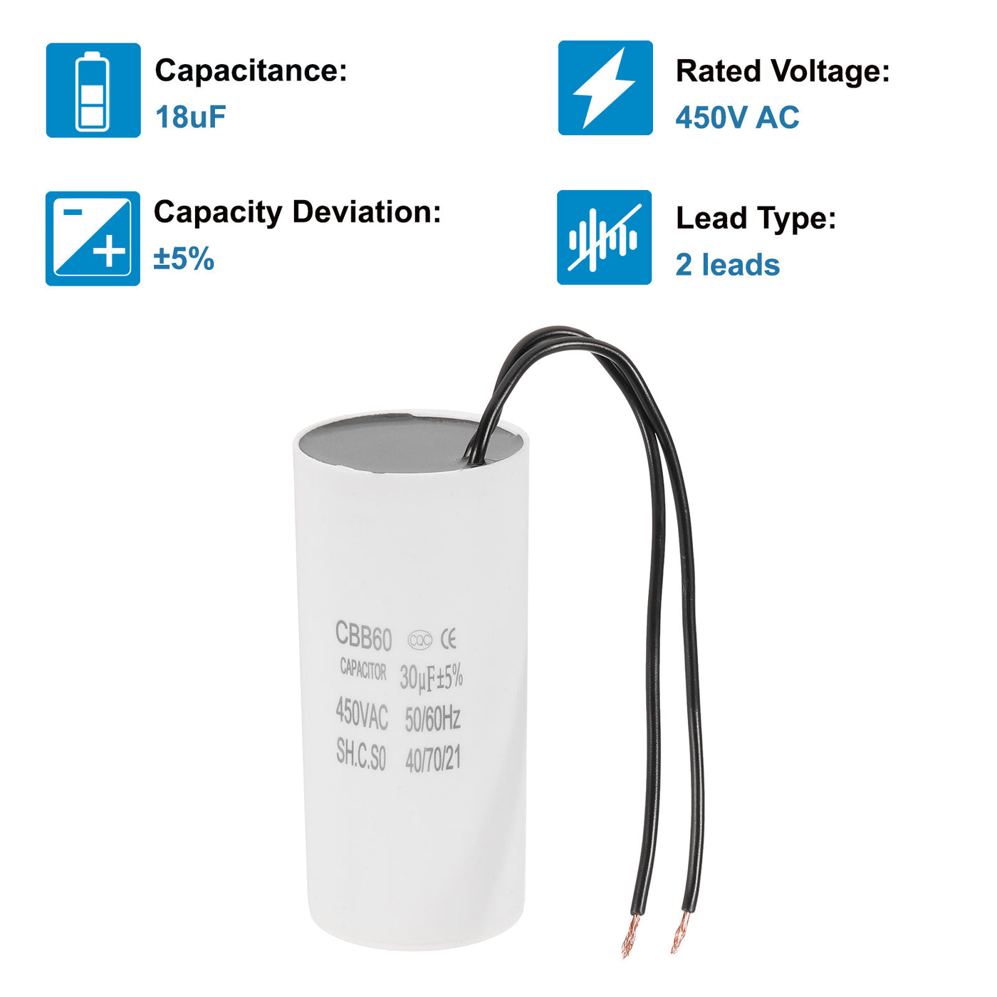 Harfington 30uF CBB60 Laufkondensator, Startkondensator mit 2 Drähten, AC 450V Motorstart mit einer Frequenz von 50Hz/60Hz, geeignet für Luftkompressoren Pumpen, Weiß