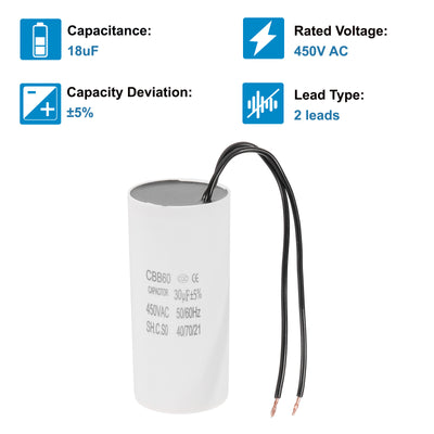 Harfington 30uF CBB60 Laufkondensator, Startkondensator mit 2 Drähten, AC 450V Motorstart mit einer Frequenz von 50Hz/60Hz, geeignet für Luftkompressoren Pumpen, Weiß