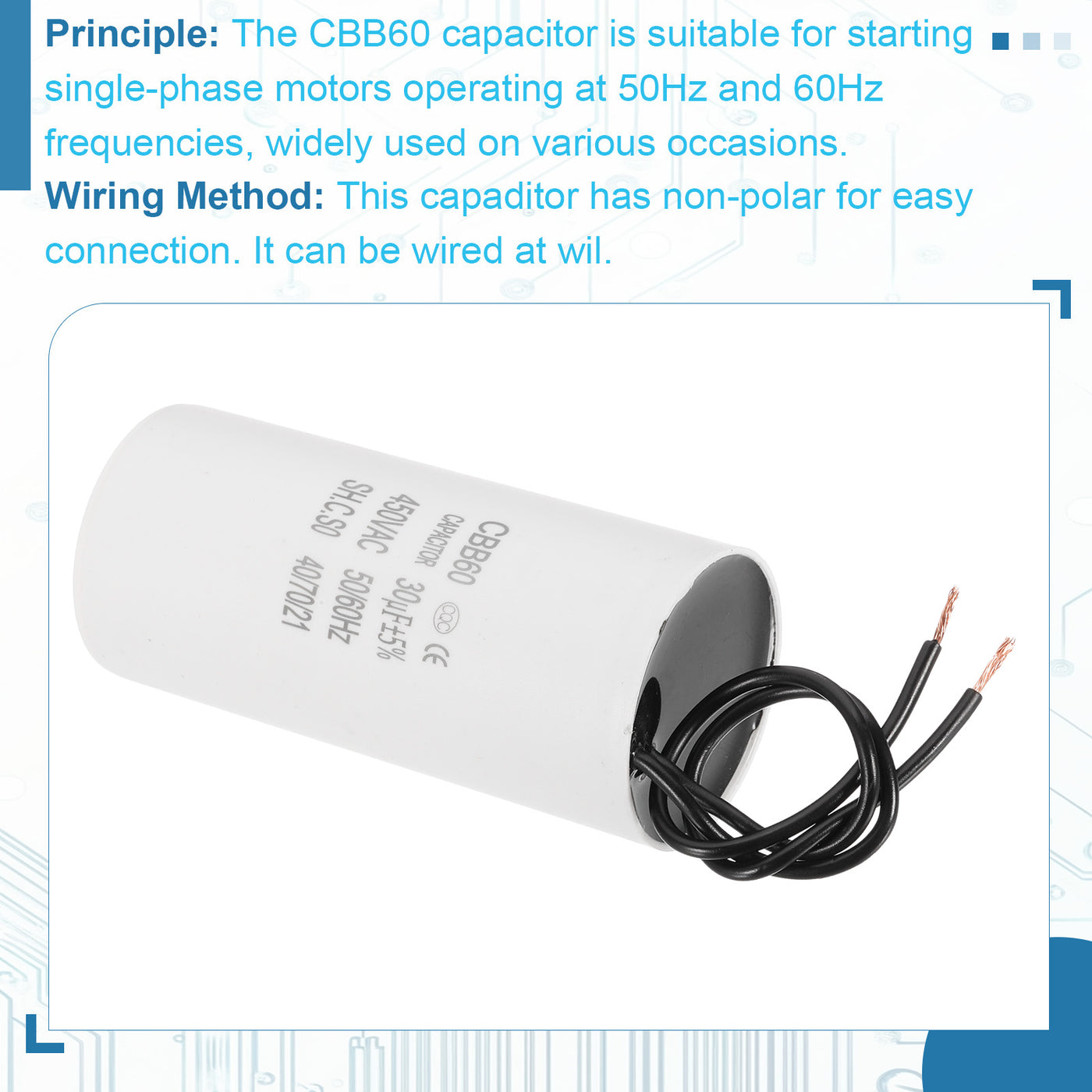 Harfington 30uF CBB60 Laufkondensator, Startkondensator mit 2 Drähten, AC 450V Motorstart mit einer Frequenz von 50Hz/60Hz, geeignet für Luftkompressoren Pumpen, Weiß