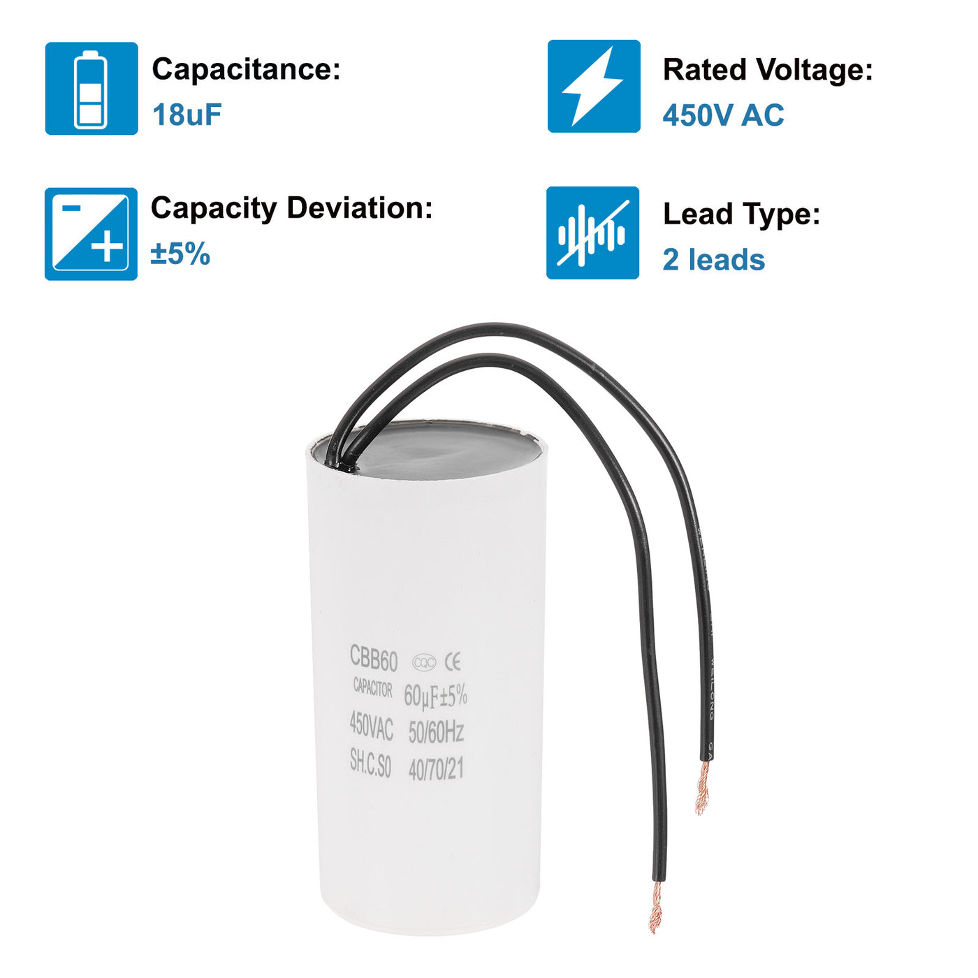 Harfington 60uF CBB60 Laufkondensator, Startkondensator mit 2 Drähten, AC 450V Motorstart mit einer Frequenz von 50Hz/60Hz, geeignet für Luftkompressoren Pumpen, Weiß