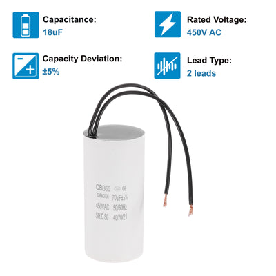 Harfington 70uF CBB60 Laufkondensator, Startkondensator mit 2 Drähten, AC 450V Motorstart mit einer Frequenz von 50Hz/60Hz, geeignet für Luftkompressoren Pumpen, Weiß