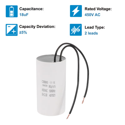 Harfington 80uF CBB60 Laufkondensator, Startkondensator mit 2 Drähten, AC 450V Motorstart mit einer Frequenz von 50Hz/60Hz, geeignet für Luftkompressoren Pumpen, Weiß