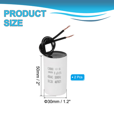 Harfington 6uF CBB60 Laufkondensator, 2 Stück Laufkondensator mit 2 Drähten, AC 450V Motorstart mit Frequenz von 50Hz/60Hz, Geeignet für Luftkompressoren Pumpen, Weiß