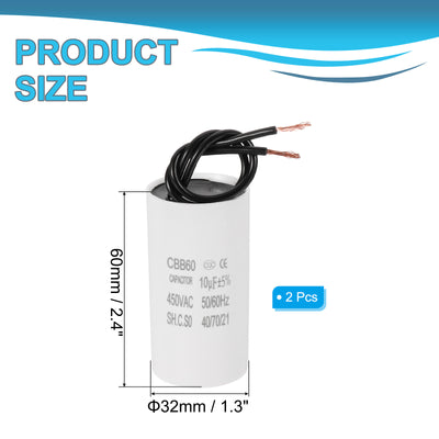 Harfington 10uF CBB60 Laufkondensator, 2 Stück Laufkondensator mit 2 Drähten, AC 450V Motorstart mit Frequenz von 50Hz/60Hz, Geeignet für Luftkompressoren Pumpen, Weiß