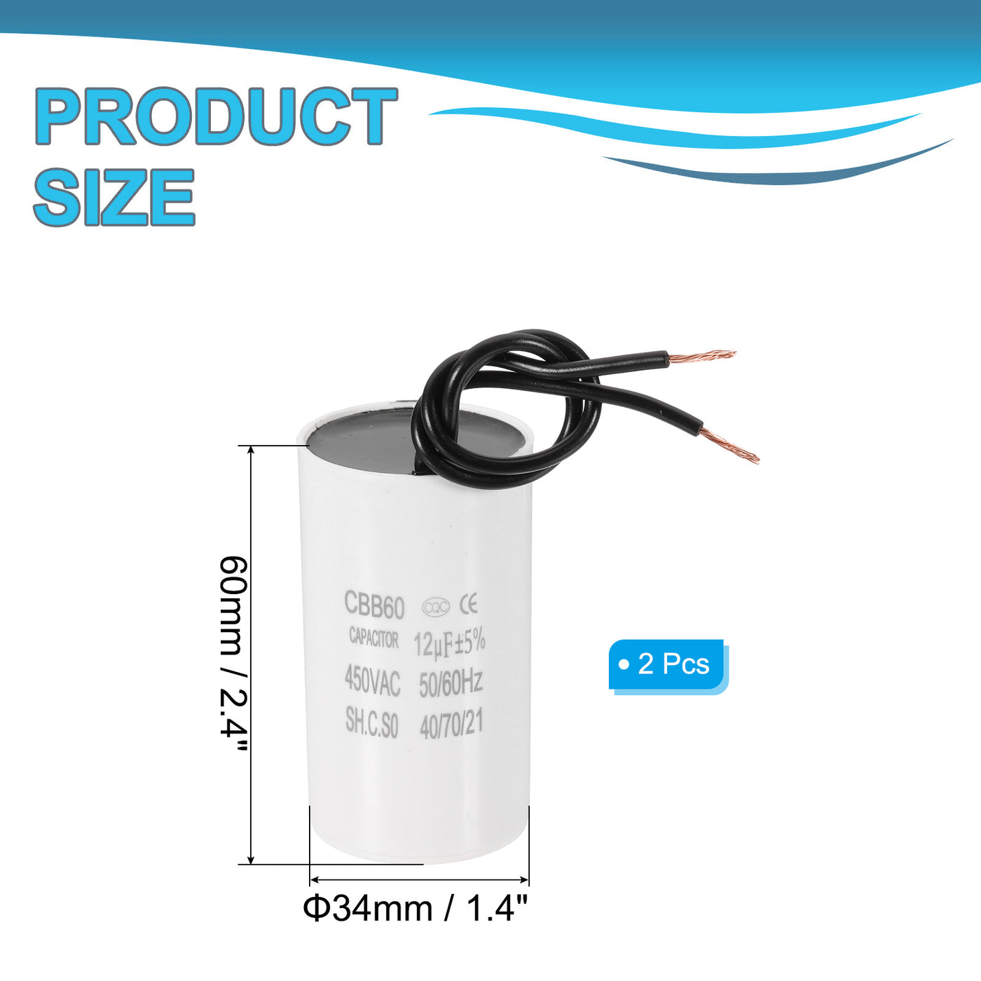Harfington 12uF CBB60 Laufkondensator, 2 Stück Laufkondensator mit 2 Drähten, AC 450V Motorstart mit einer Frequenz von 50Hz/60Hz, Geeignet für Luftkompressoren Pumpen, Weiß