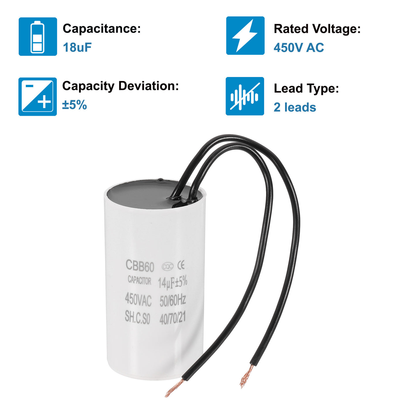 Harfington 14uF CBB60 Laufkondensator, 2 Stück Laufkondensator mit 2 Drähten, AC 450V Motorstart mit Frequenz von 50Hz/60Hz, Geeignet für Luftkompressoren Pumpen, Weiß