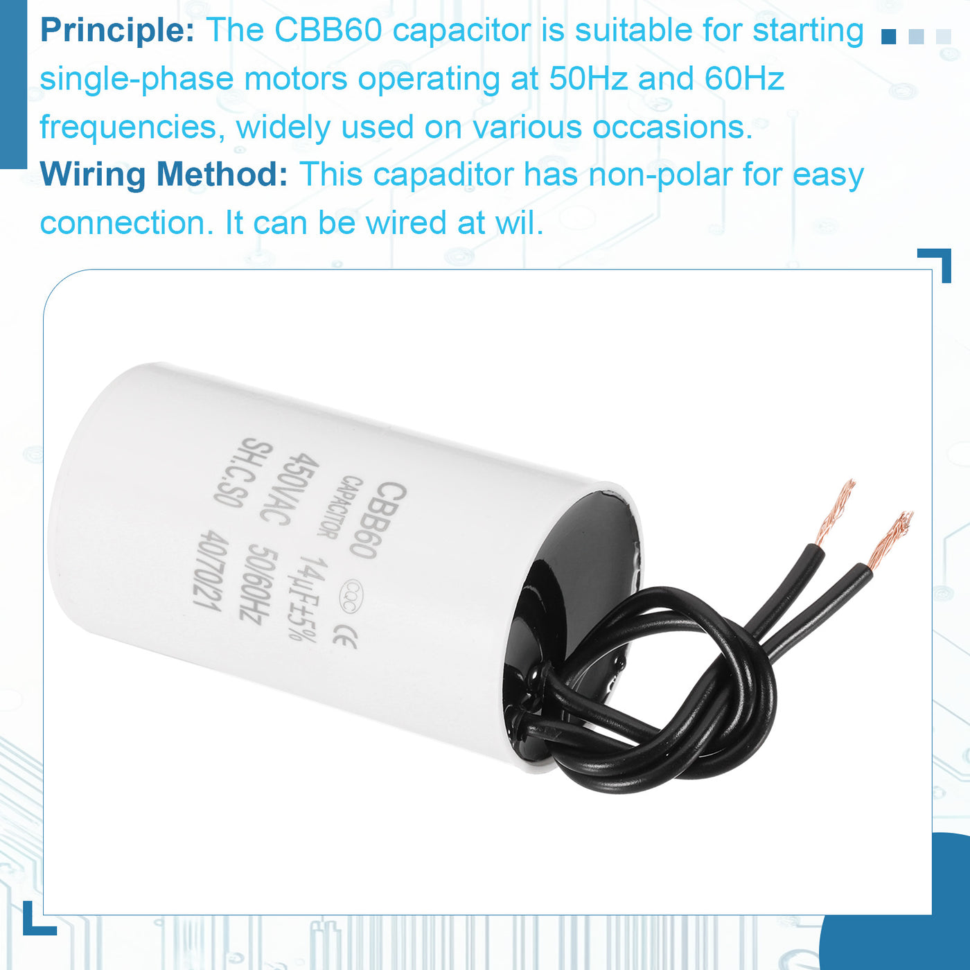 Harfington 14uF CBB60 Laufkondensator, 2 Stück Laufkondensator mit 2 Drähten, AC 450V Motorstart mit Frequenz von 50Hz/60Hz, Geeignet für Luftkompressoren Pumpen, Weiß