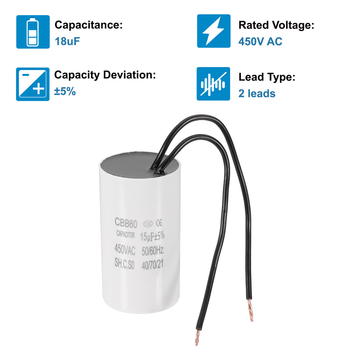 Harfington 15uF CBB60 Laufkondensator, 2 Stück Laufkondensator mit 2 Drähten, AC 450V Startmotor mit Frequenz von 50Hz/60Hz, Geeignet für Luftkompressoren Pumpen, Weiß