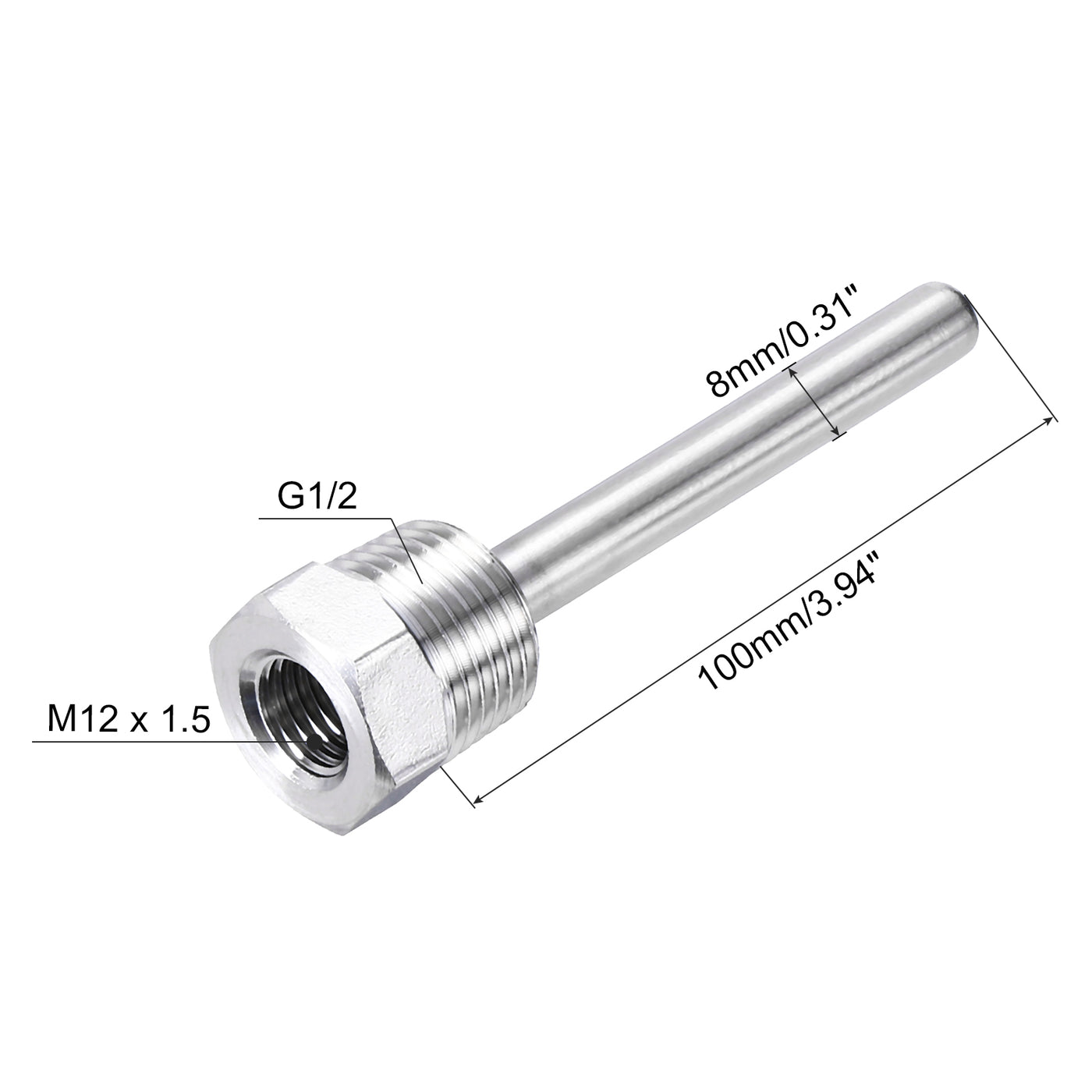 uxcell Uxcell 2 Pcs 8mm Dia G1/2 Thermowell Weldless Stainless Steel 304 100mm White