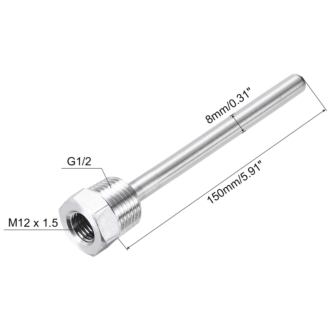 uxcell Uxcell 2 Pcs 8mm Dia G1/2 Thermowell Weldless Stainless Steel 304 150mm White