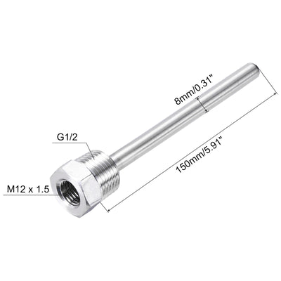 Harfington Uxcell 2 Pcs 8mm Dia G1/2 Thermowell Weldless Stainless Steel 304 150mm White