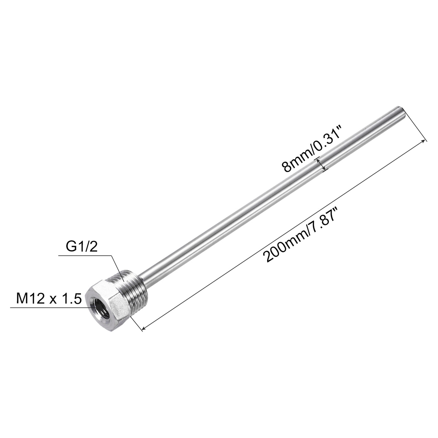 uxcell Uxcell 2 Pcs 8mm Dia G1/2 Thermowell Weldless Stainless Steel 304 200mm White