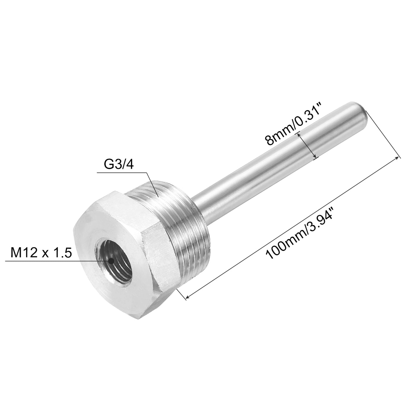 uxcell Uxcell 8mm Dia G3/4 Thermowell Weldless Stainless Steel 304 100mm White