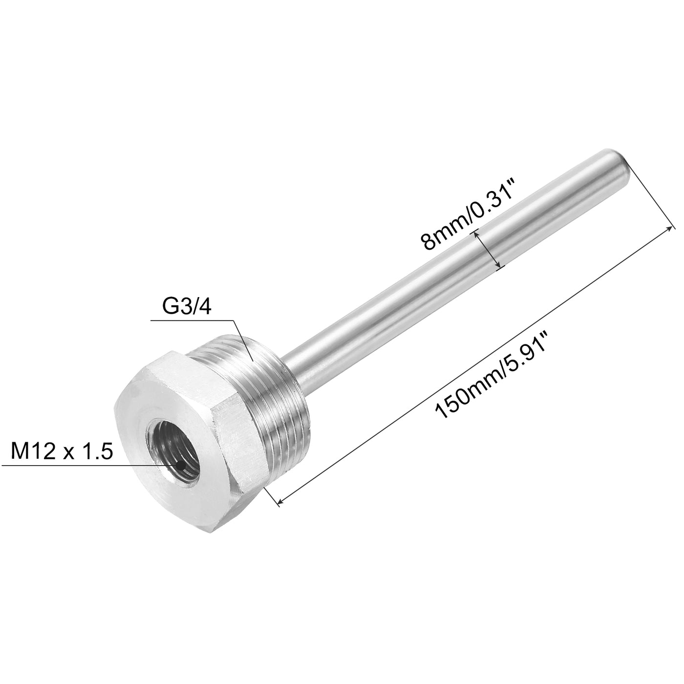 uxcell Uxcell 8mm Dia G3/4 Thermowell Weldless Stainless Steel 304 150mm White